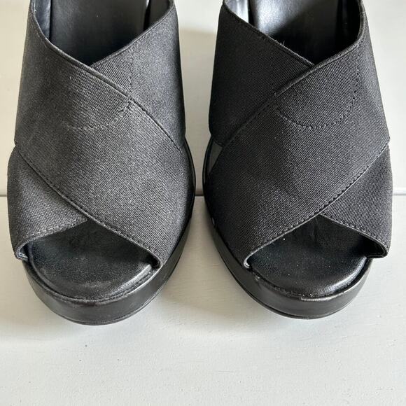 BCBGirls Black Elastic Crossover Platform Wedges Slip-On Sandals Heels Size 10 - Picture 5 of 14